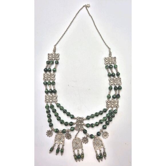 Middle Eastern Tribal Jade Bead 3-Strand Statement Necklace Silvertone Charms - Picture 8 of 8